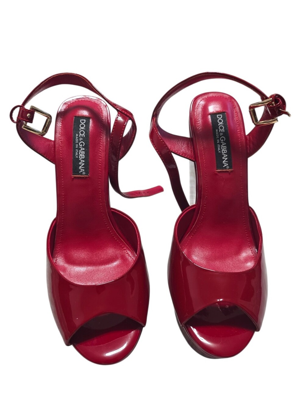 Dolce & Gabbana Scarlet Red Patent Leather Peep-Toe Ankle Strap Heels Sz 40
